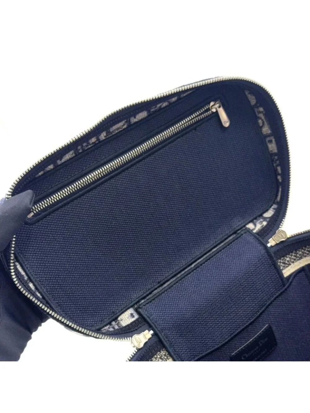 Dior Travel Vanity Cotton Off White Navy Handbag Silver